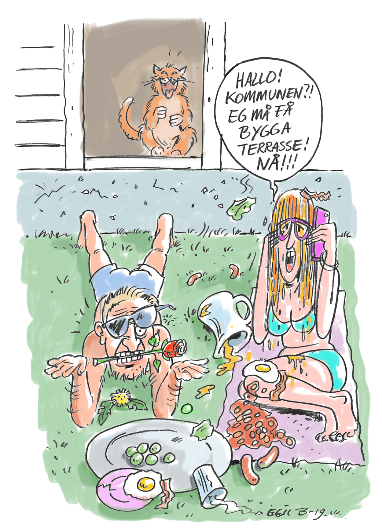 Humoristisk tegning av et par som ikke har terrasse. Mannen i huset skal bære ut mat til kona som venter ute, men snubler i dørterskelen pga stor høydeforskjell ned til plenen. Så ringer de til kommunen og ber om å få bygge terrasse.