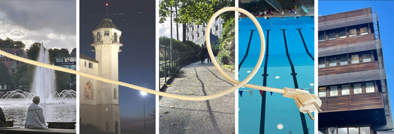 Collage av bilder av steder kommunen skal spares strøm. En fontene, en bakke med varmekabler, et bygg, et belyst tårn, et svømmebasseng.