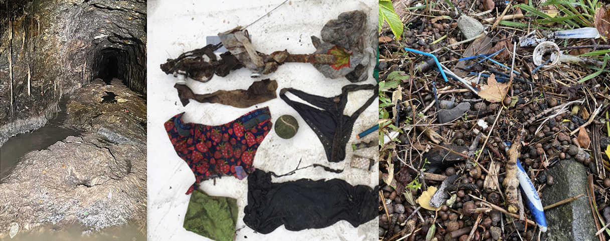 Kollasje av tre bilder. Avfallshaug i avløpstunell, ulike ting folk har kastet ti do (blant annet truse, ball, tannbørste), og q-tips-pinner og annet avfall på ei strand.