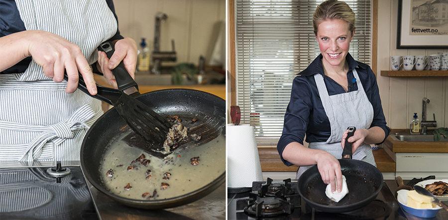 Kvinne skraper fett av steikepanne med steikespade og tørker av restene med tørkepapir
