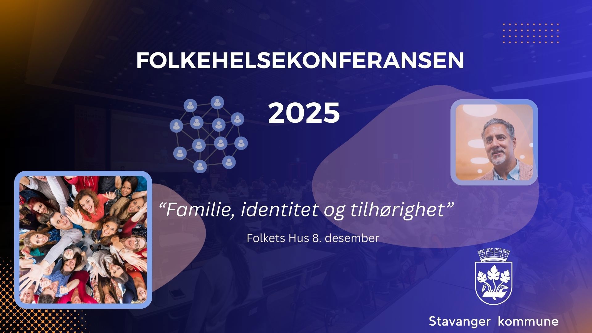 Bilde av foredragsholdere, øyformer og kommunelogo.