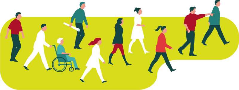 Ulike yrkesgrupper, bl.a. helseansatte, som vandrer bortover 