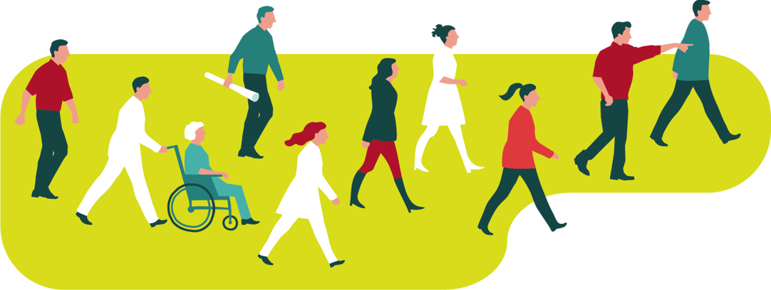 Ulike yrkesgrupper, bl.a. helseansatte, som vandrer bortover