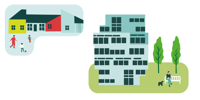 Ulike boligtyper: Omsorgsbolig og boligblokk med grøntområde utenfor. 