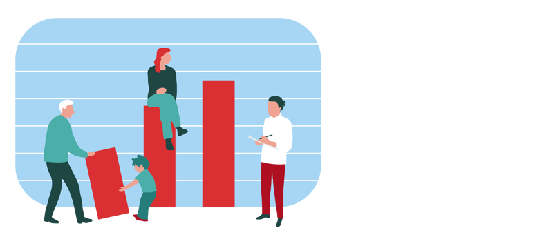 Søylediagram der mennesker sitter på de ulike søylene, for å illustrere demografi. Ill.: Berit Sømme.