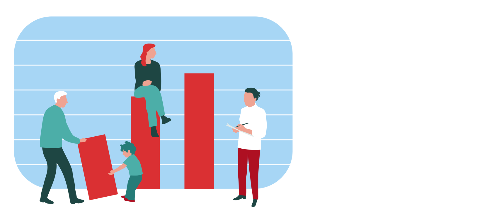 Søylediagram der mennesker sitter på de ulike søylene, for å illustrere demografi. Ill.: Berit Sømme.