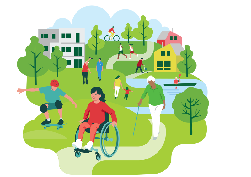 Illustrasjon av jente i rullestol, gutt som skater, eldre kvinne med stokk, dame som løfter vekter under tilsyn av fysioterapeut, mann med rullator og folk som jogger og sykler. 