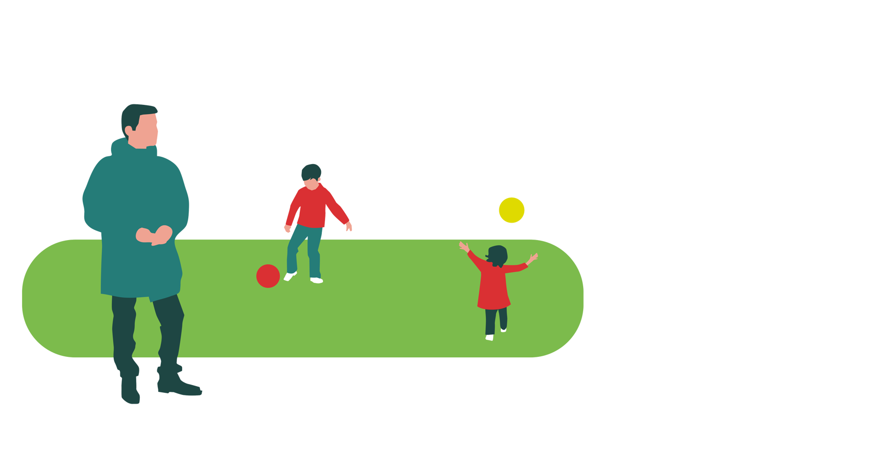 En voksen person (fotballtrener) i forgrunnen, to barn som spiller fotball i bakgrunnen. Illustrasjon: Berit Sømme