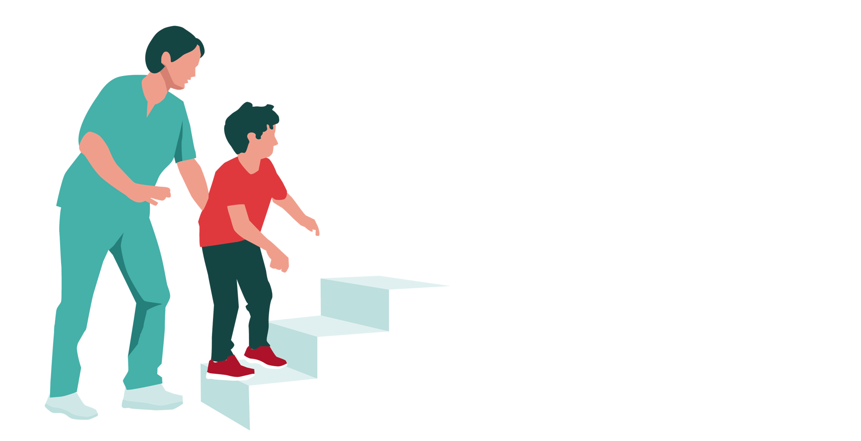 Et barn får hjelp til å gå opp en trapp.