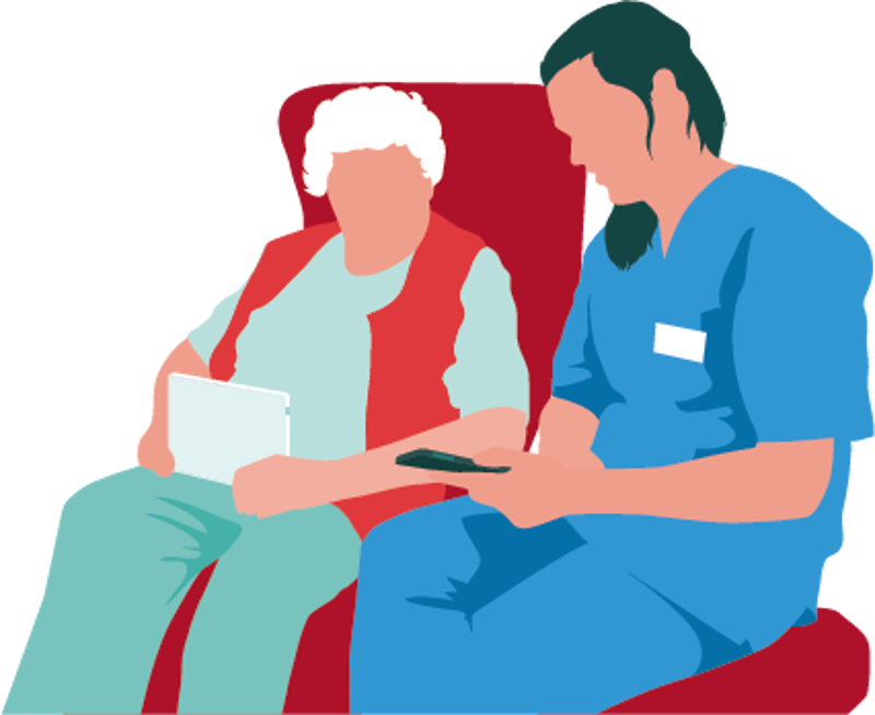 Eldre dame får innføring i nettbrett. Ill.: Berit Sømme