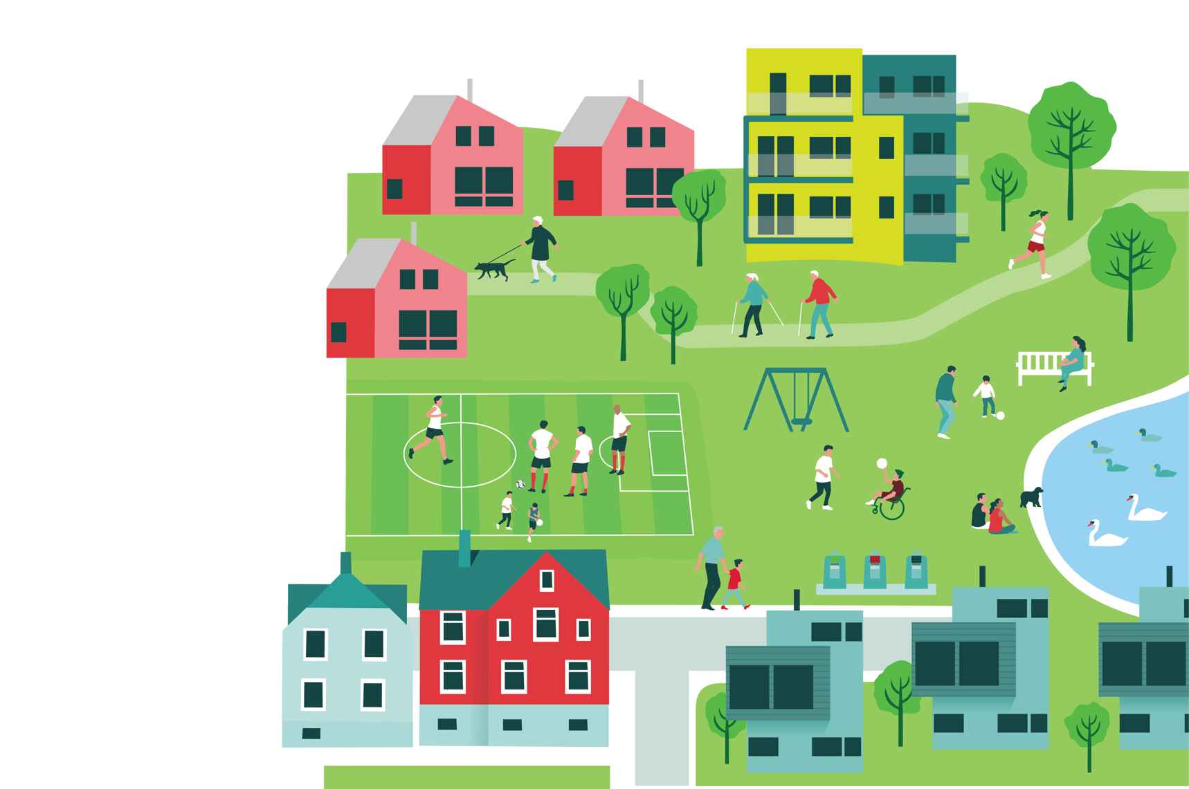 Nabolag med boliger, fotballbane, park og friluftsliv.