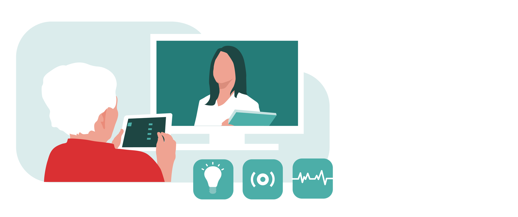 Eldre kvinne som snakker med helsearbeider via en skjerm