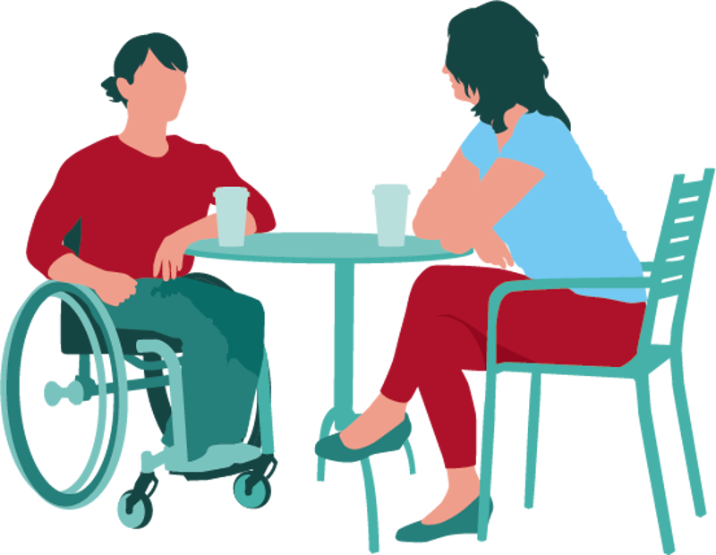 To damer på utekafé, den ene sitter i rullestol. Illustrasjon: Berit Sømme. 