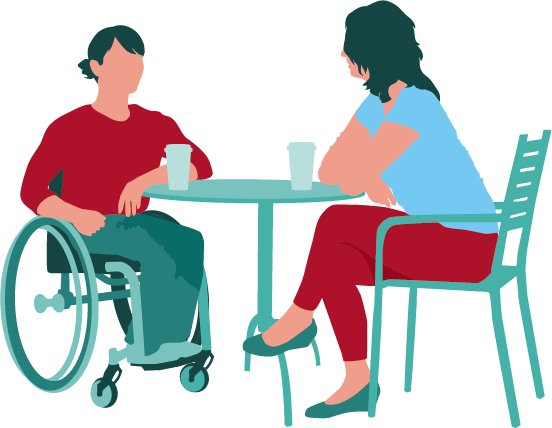 To damer på utekafé, den ene sitter i rullestol. Illustrasjon: Berit Sømme.