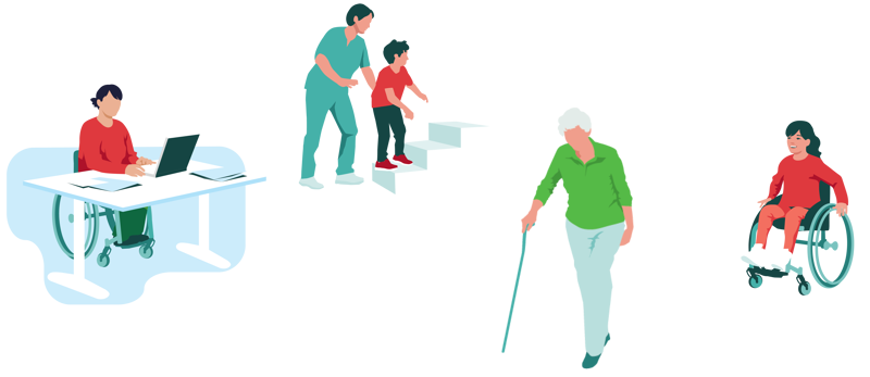 Illustrasjon av en kontorarbeider og et barn i rullestol, eldre dame med stokk, og en gutt som får hjelp til å gå opp en trapp.