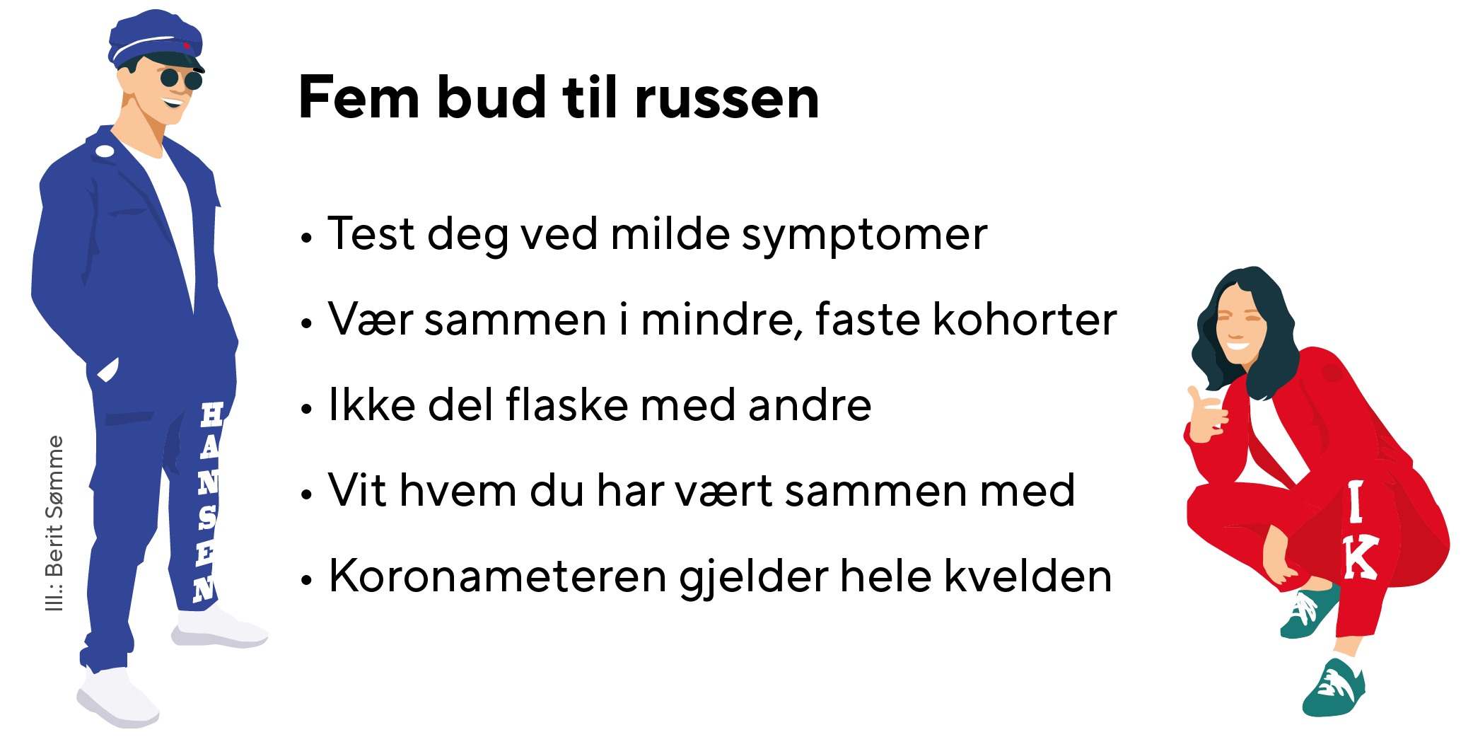Test deg ved milde symptomer
Vær sammen i mindre, faste kohorter
Ikke del flaske med andre
Vit hvem du har vært sammen med
Koronameteren gjelder hele kvelden