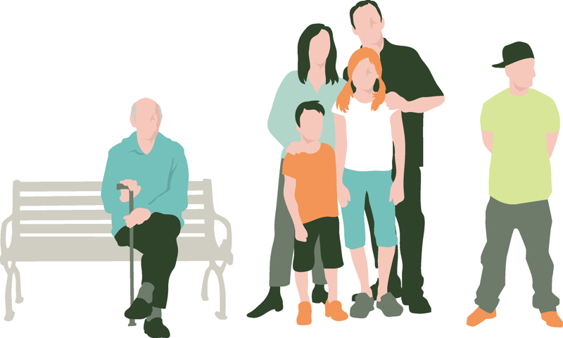 Folk i ulike aldre - eldre mann på benk, en familie, og en ung mann. 