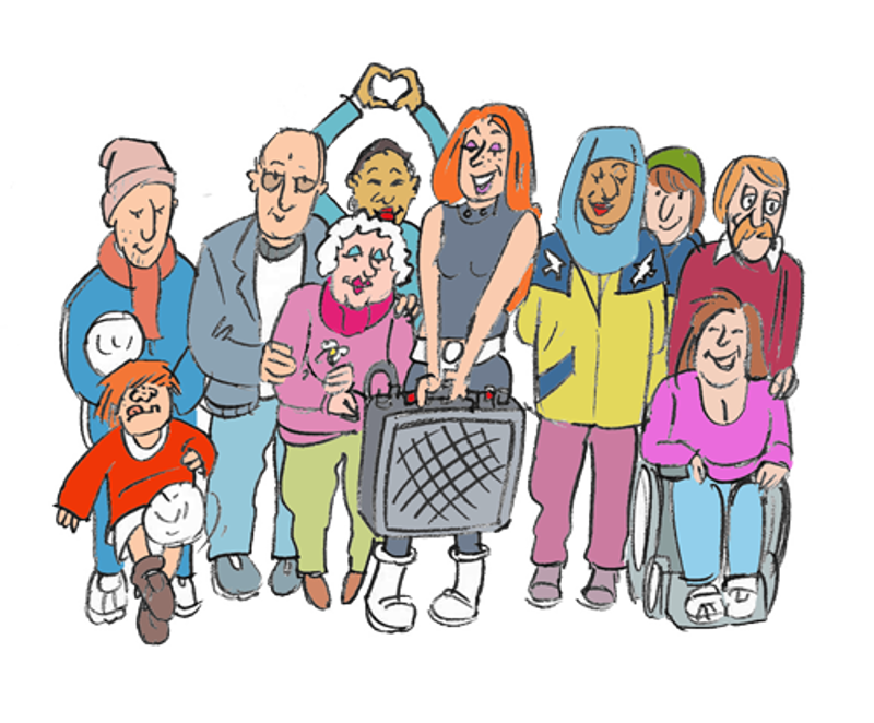 Illustrasjon av en gjeng frivillige folk