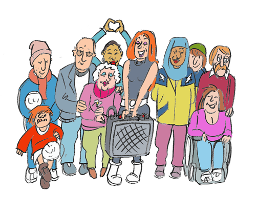 Illustrasjon av en gjeng frivillige folk