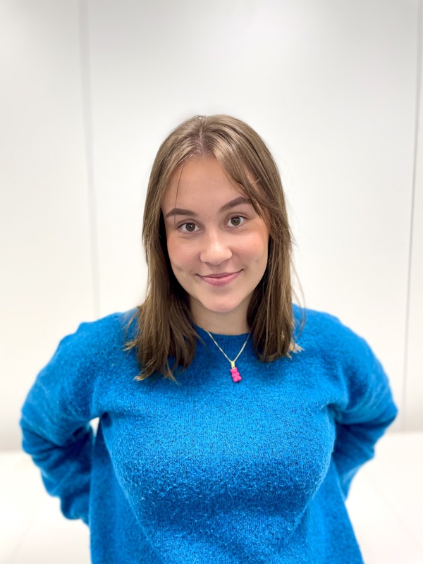 Jente med blå genser, brunt hår og brune øyne