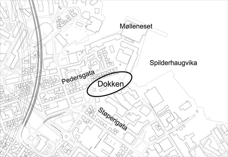 Kart som viser hvor parken Dokken befinner seg, like ved IMS/Europris i østre bydel