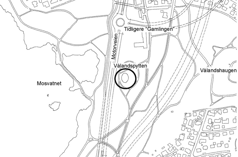 Kart som viser Vålandspytten mellom Mosvatnet og Vålandsskogen. 