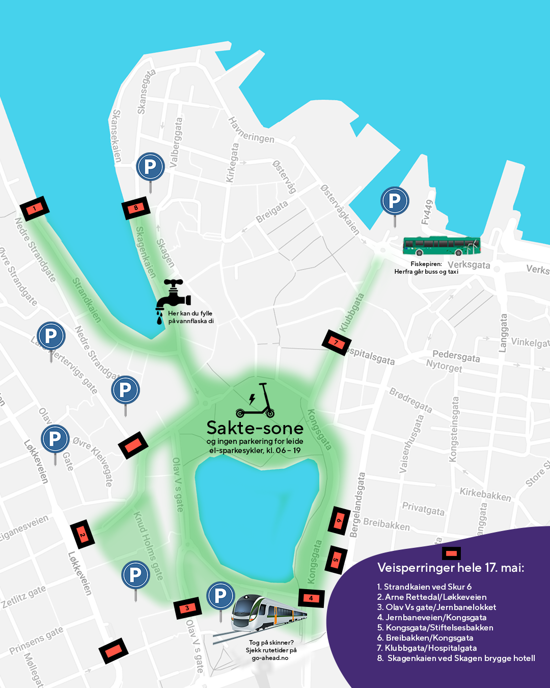 illustrasjon og kart over stengte veier, sakte-sone og trafikkbildet i sentrum 17. mai