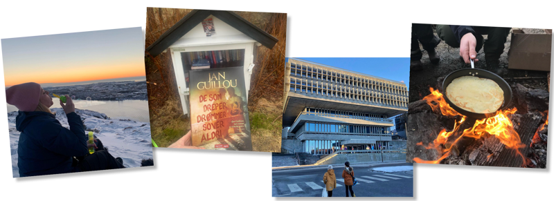 Fire bilder fra sosiale medier som er satt sammen i ett bilde. På det første bildet blåses det såpebobler av en kvinne på en fjelltopp i solnedgang. Det andre bildet viser en mann som holder en bok. Det tredje bildet er to barn foran Stavanger svømmehall. På det fjerde bildet stekes det pannekaker over et bål.