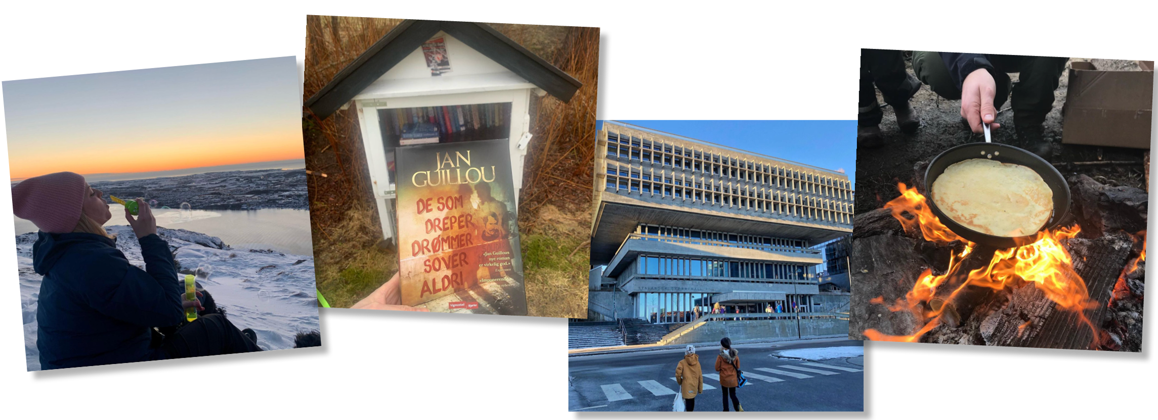 Fire bilder fra sosiale medier som er satt sammen i ett bilde. På det første bildet blåses det såpebobler av en kvinne på en fjelltopp i solnedgang. Det andre bildet viser en mann som holder en bok. Det tredje bildet er to barn foran Stavanger svømmehall. På det fjerde bildet stekes det pannekaker over et bål.