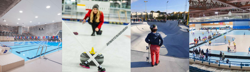 Collage med ulike idrettsbilder, fra svømmehall, curling, bandy i idrettshall og skatepark