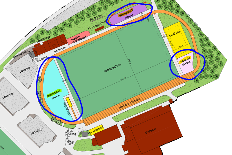 Kart over Mosterøy idrettspark som viser hvilke områder som skal oppgraderes