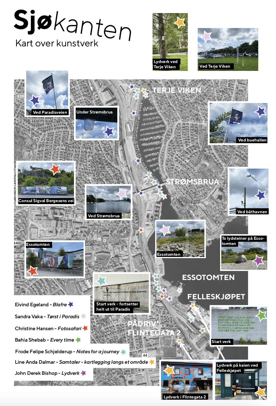 Flyfoto som viser at kunstverkene er plassert rundt Terje Viken-huset innerst i Hillevågsvatnet, under/rundt Strømsbrua, og langs Consul Sigval Bergesens vei utover mot Felleskjøpet i Hillevåg.