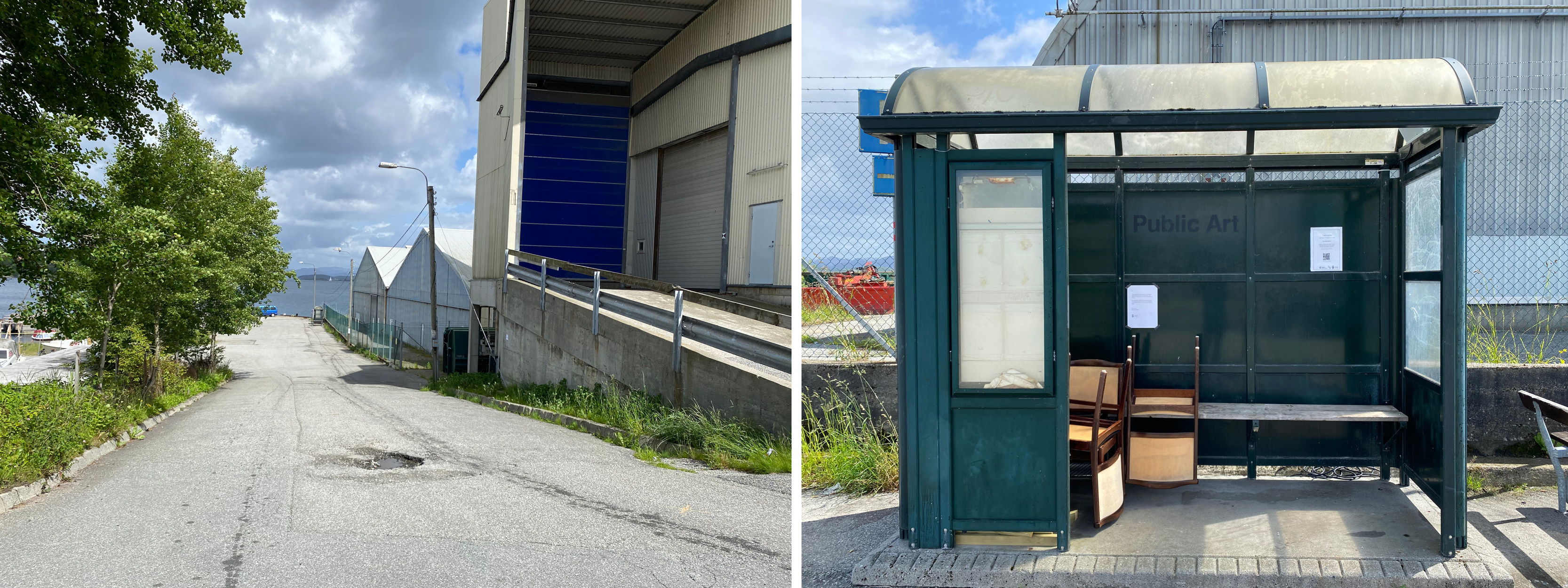 Et av lydkunstverkene til Line Anda Dalmar kan oppleves i busskuret nederst i denne bakken ved Felleskjøpet, ved Hillevåg båthavn.