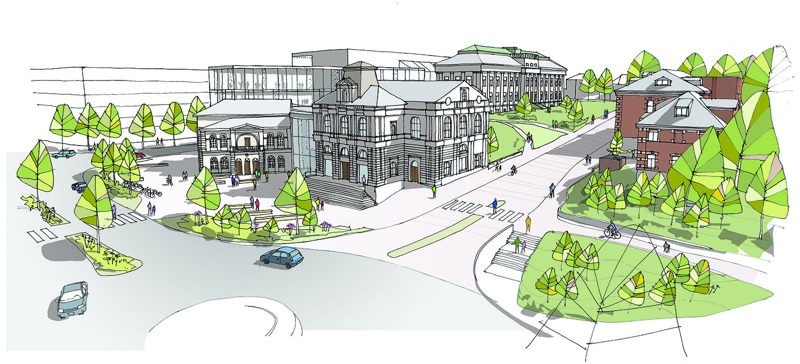 Illustrasjon av konseptvalg 2c nytt teater- og museumsbygg. Illustrasjon: Bark Arkitekter og studio hoh