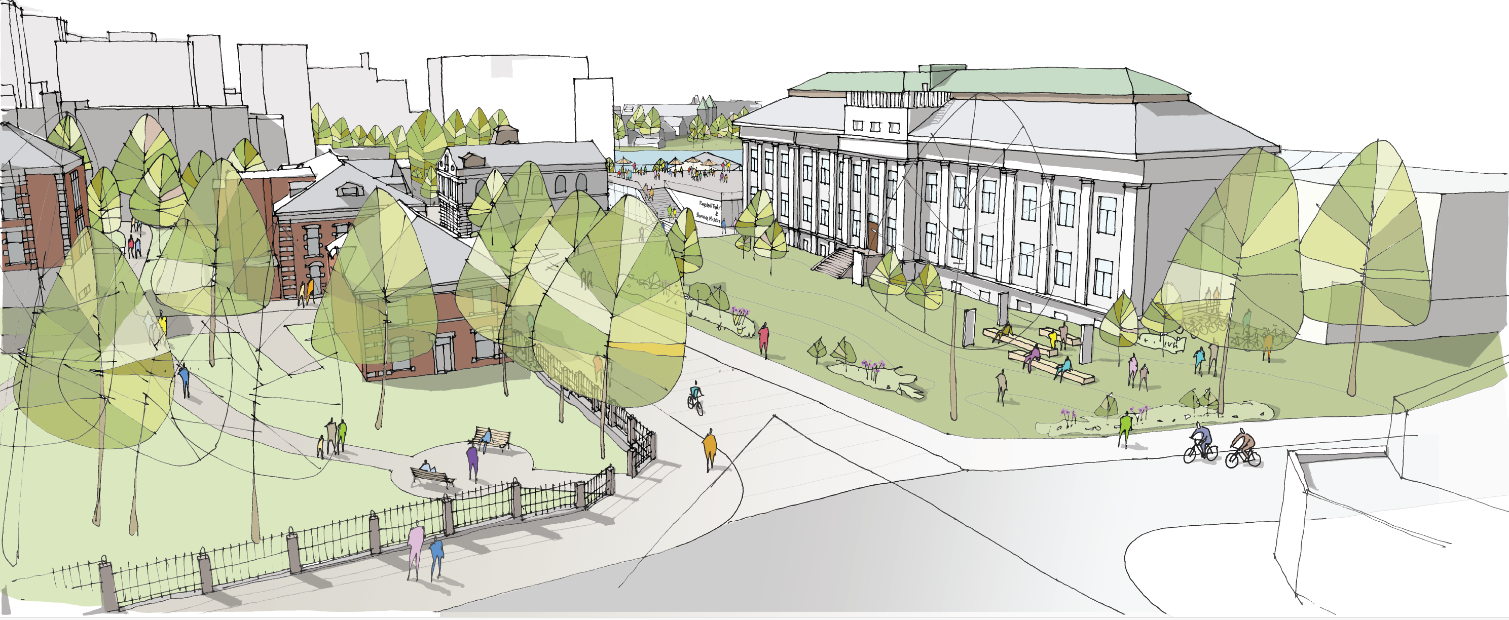 Kannikhøyden sett fra Muségata og Peder Klows gate. Illustrasjon: Bark Arkitekter og studio hoh