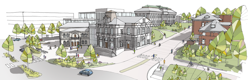 Teater- og museumsbygget sett fra sørvest. Illustrasjon: Bark Arkitekter og studio hoh