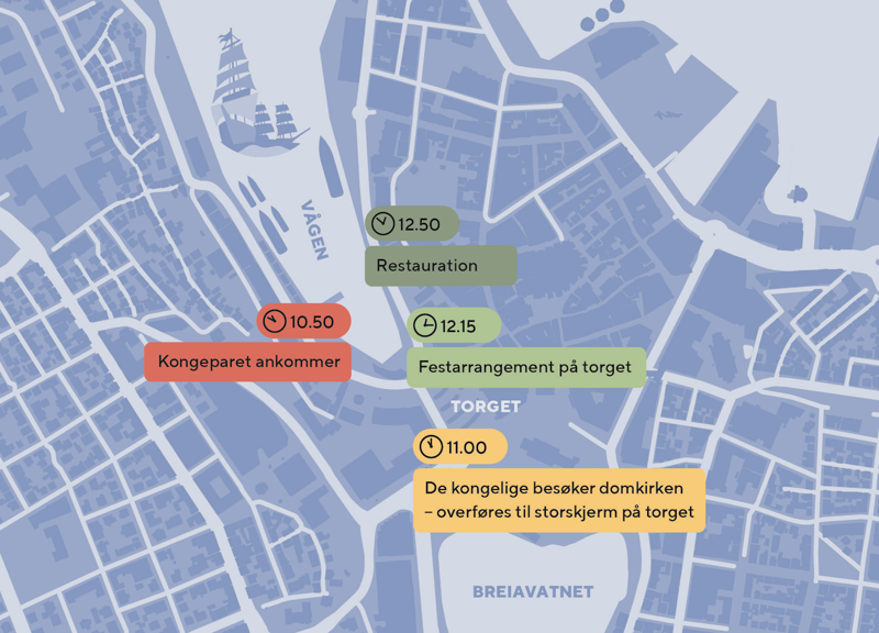 Kart over Vågen, torget og domkirken i Stavanger sentrum
