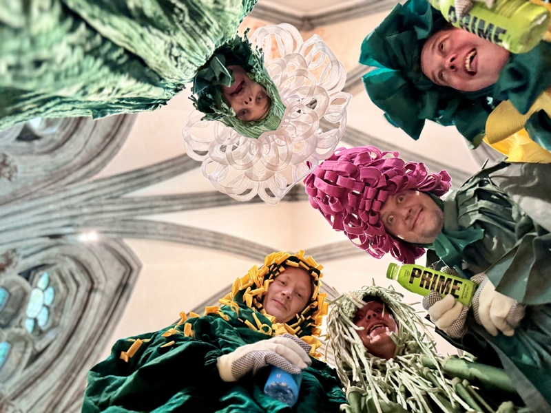 Fem skuespillere, utkledd som blomster. 