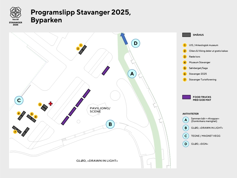 Kart over Byparken, viser stands og scene til arrangementet Programslipp