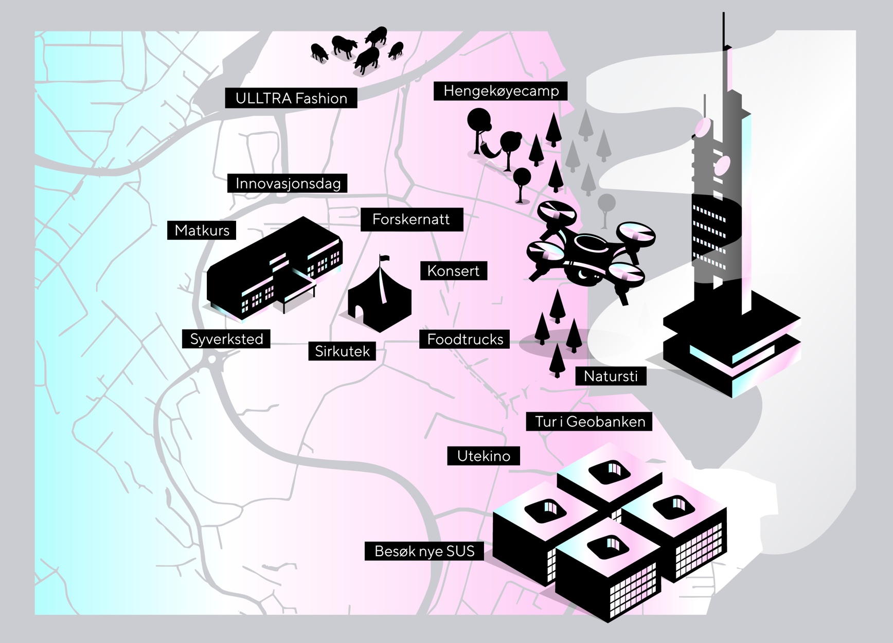 Kart over stedene ULLTRA-festivalen foregår på Ullandhaug.
