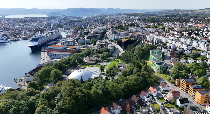 Dronebilde av Bjergstedparken med Stavanger sentrum i bakgrunnen. Sommerlig og frodig