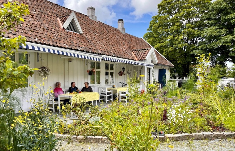 Vi ser Bergeland bydelssenter og hagen foran. Ved husveggen sitter tre damer og snakker ved et bord. Det er sommer og hagen er frodig med masse blomster og vekster. 