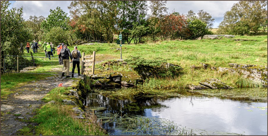 Folk går tur på en sti langs et tjern