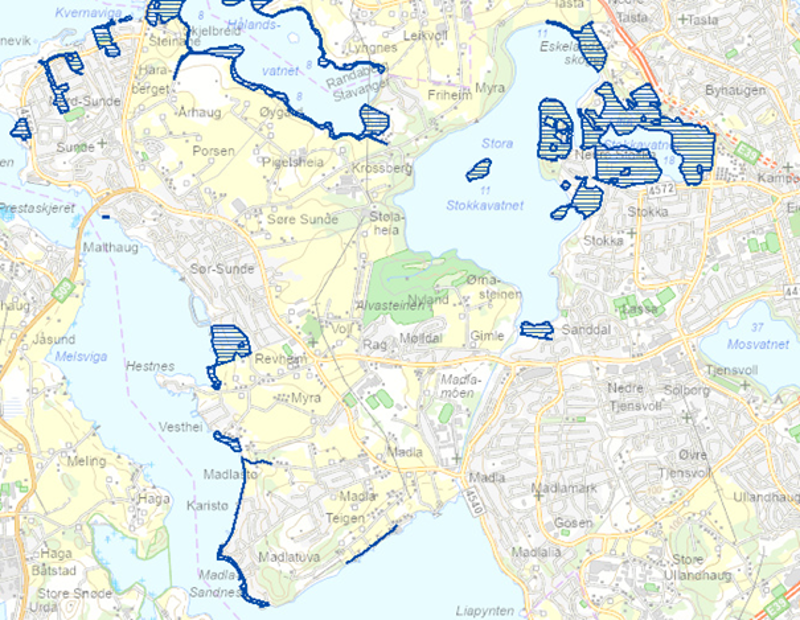 Kart med skraveringer for statlige sikrede friområder