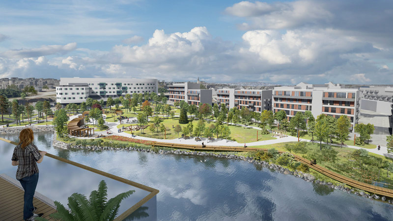 Tegning av park med stier, trær og busker sett fra balkong på andre siden av bukten.