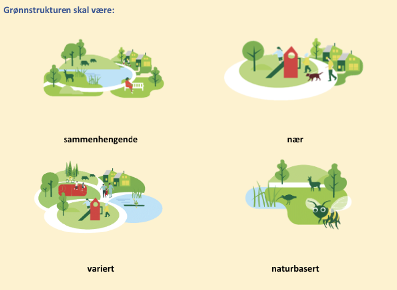 Grønnstrukturen skal være sammenhengende, nær, variert og turbasert. Illustrasjon