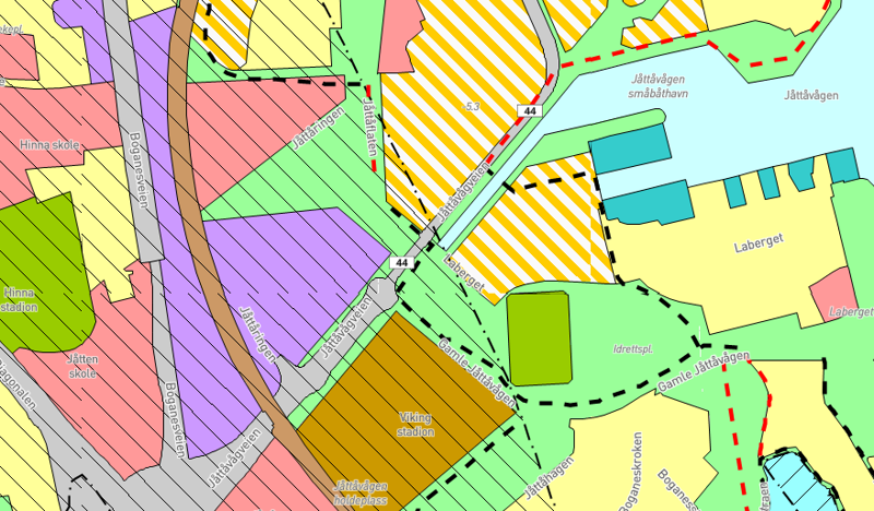 Slik ser kommuneplan-kartet ut for Jåttåvågen. Det gule er boligformål, det lilla er næring, det brune er sentrumsformål, de gule og hvite stripene er "kombinert bebyggelse og anleggsformål". Det røde er tjenesteyting, for eksempel skoler eller sykehjem. 