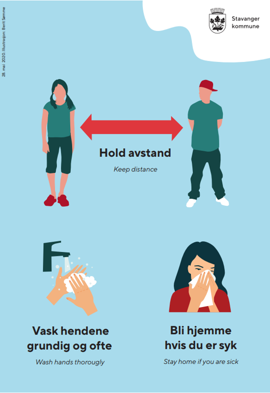 Plakat som viser avstandsregler og hygieneregler