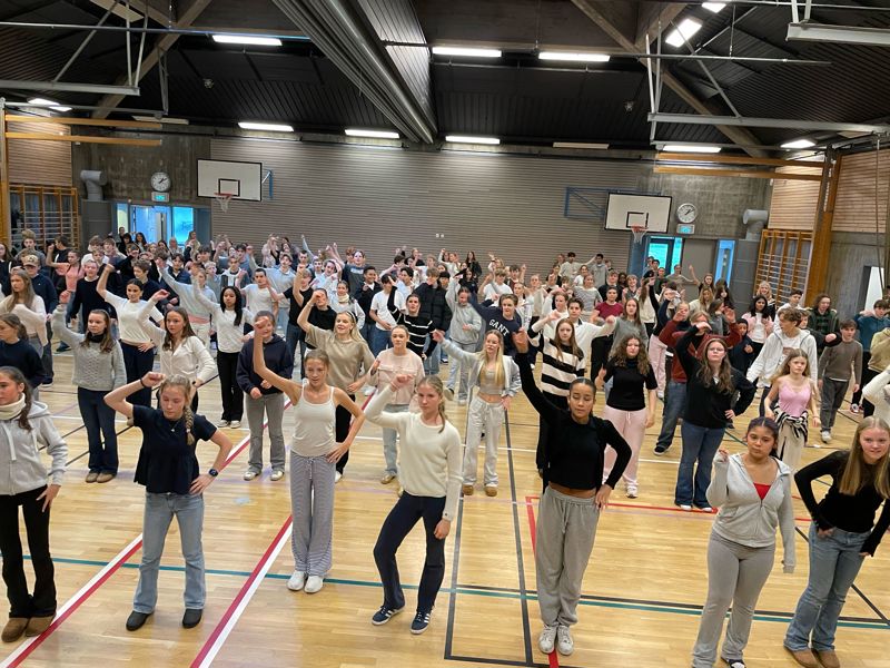 Bildet viser skolens gymsal full av elever som står med høyre arm opp i været i forbindelse med øvelse.