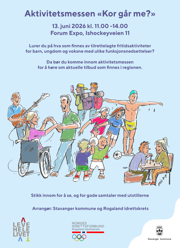 plakat for Kor går med?, med illustrasjoner av folk i aktivitet. 